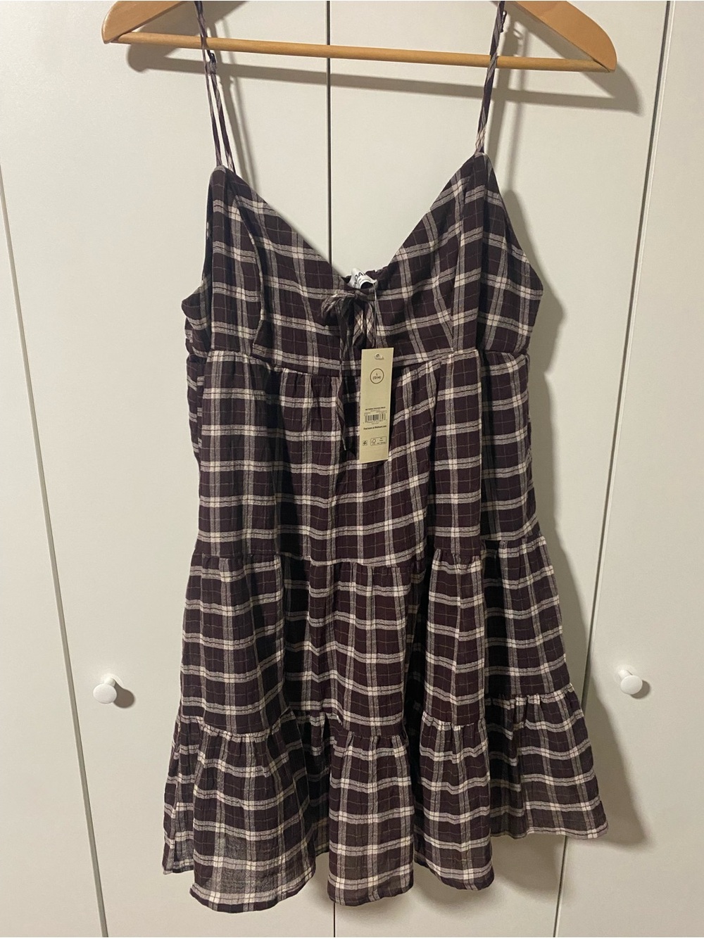 Plaid Ruffled Spaghetti-Strap Mini Dress in Dark Plum Size L